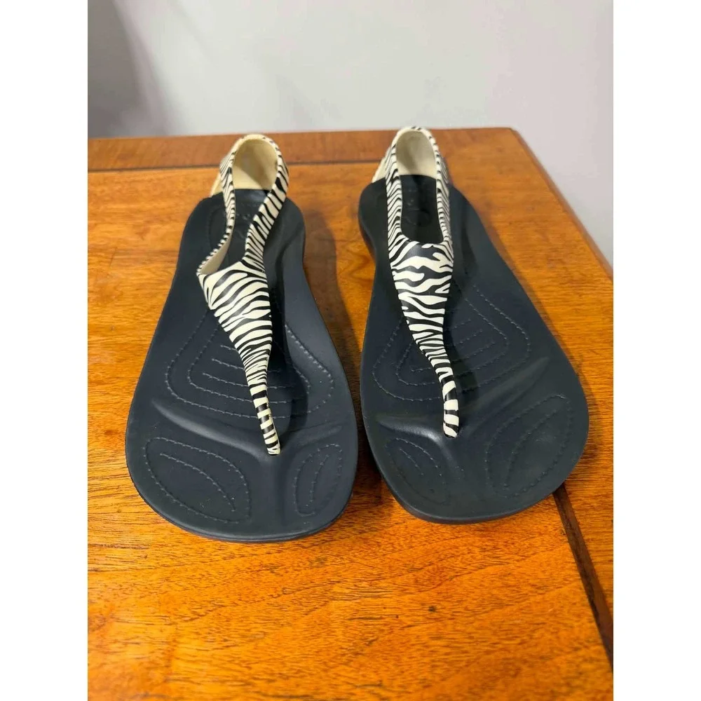 Crocs Sexy Flip Sandals Womens 9 Zebra Print Black White T-Strap Flat Summer
